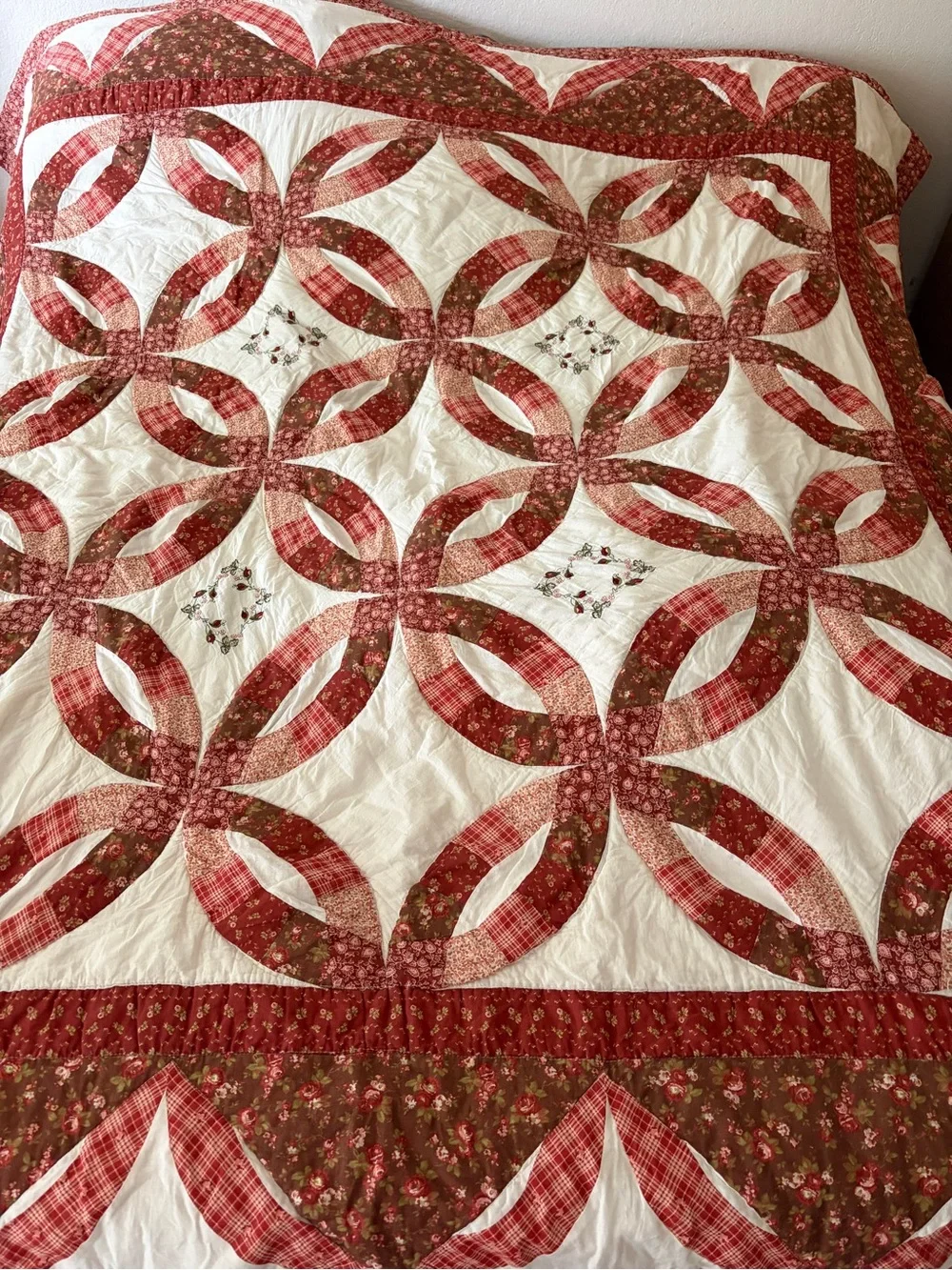 Vintage Wedding Ring Fall Autumn Quilt Floral Backside  + Embroidered